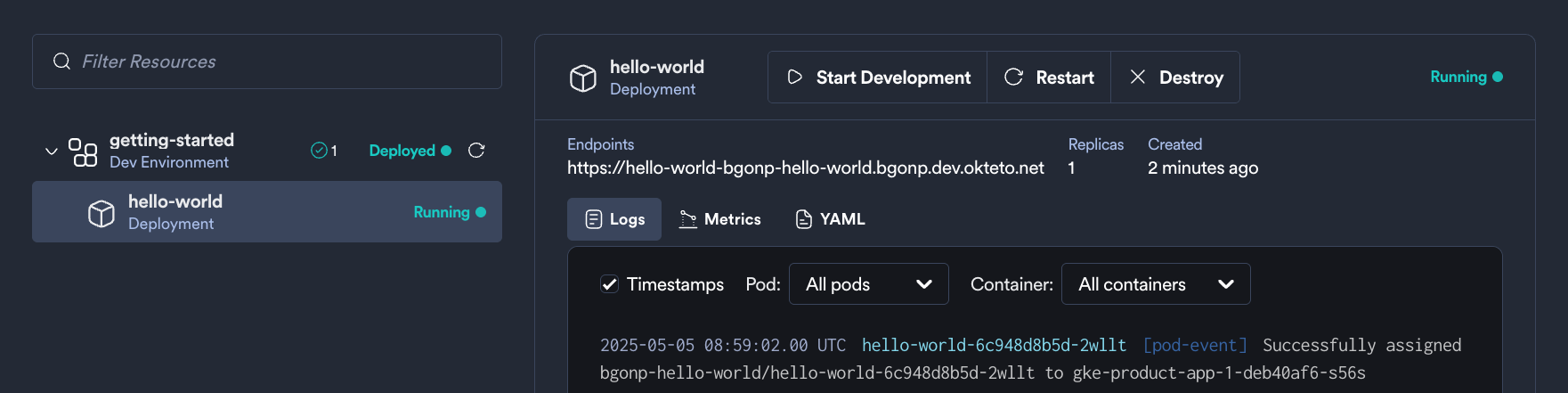 Okteto UI Node.js